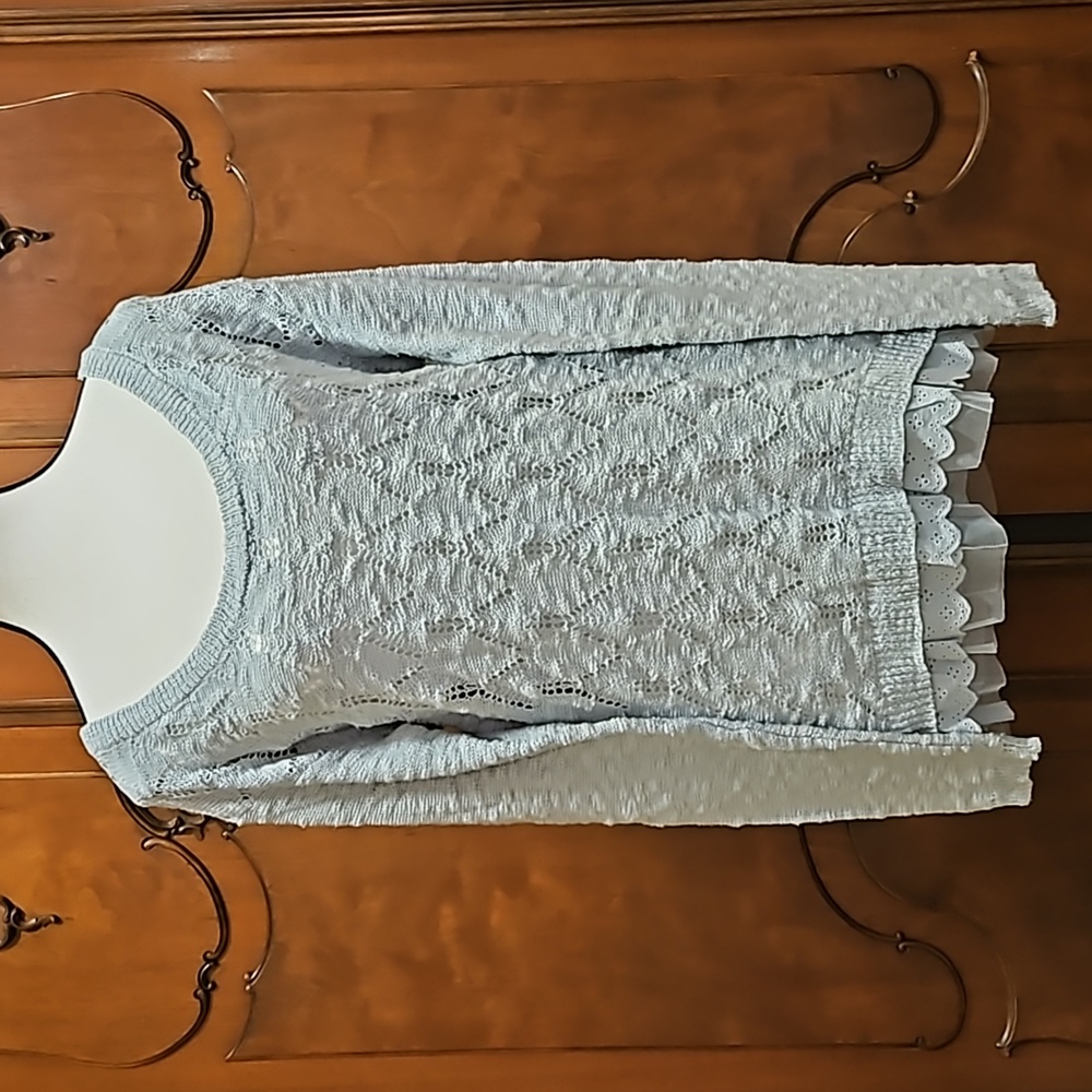 American Rag Sweater Y2KScoop Neck Ruffled 100% Cotton Body Blue Sz S